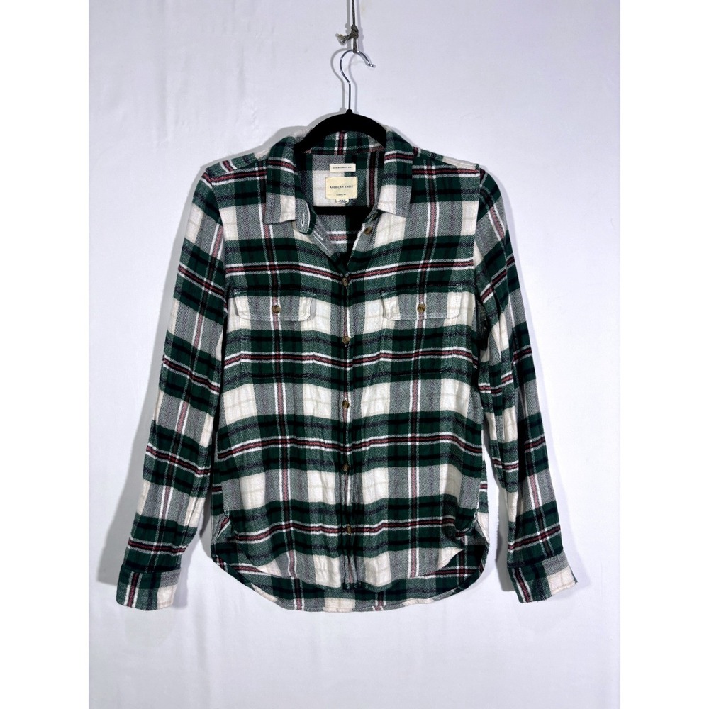 Grunge Cozy Classic Plaid Flannel American Eagle Button Down Women Medium Green